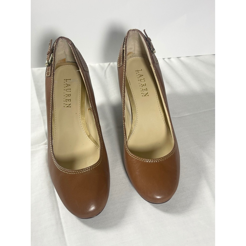 Lauren Ralph Lauren Salma Pumps Women's 7B Cognac Tan Buckle Stacked Heel - Picture 4 of 6